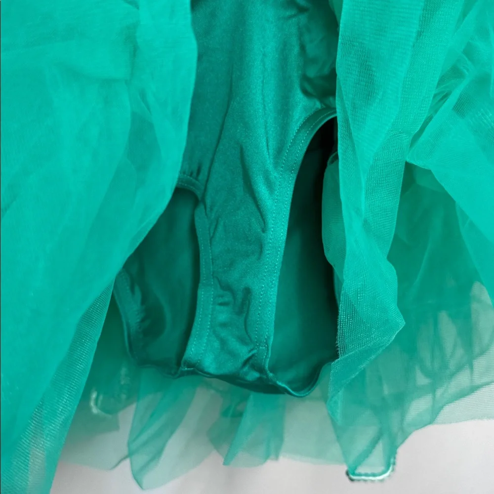 Weissman teal dance costume sequin bodice and a multi-layered tulle poof skirt